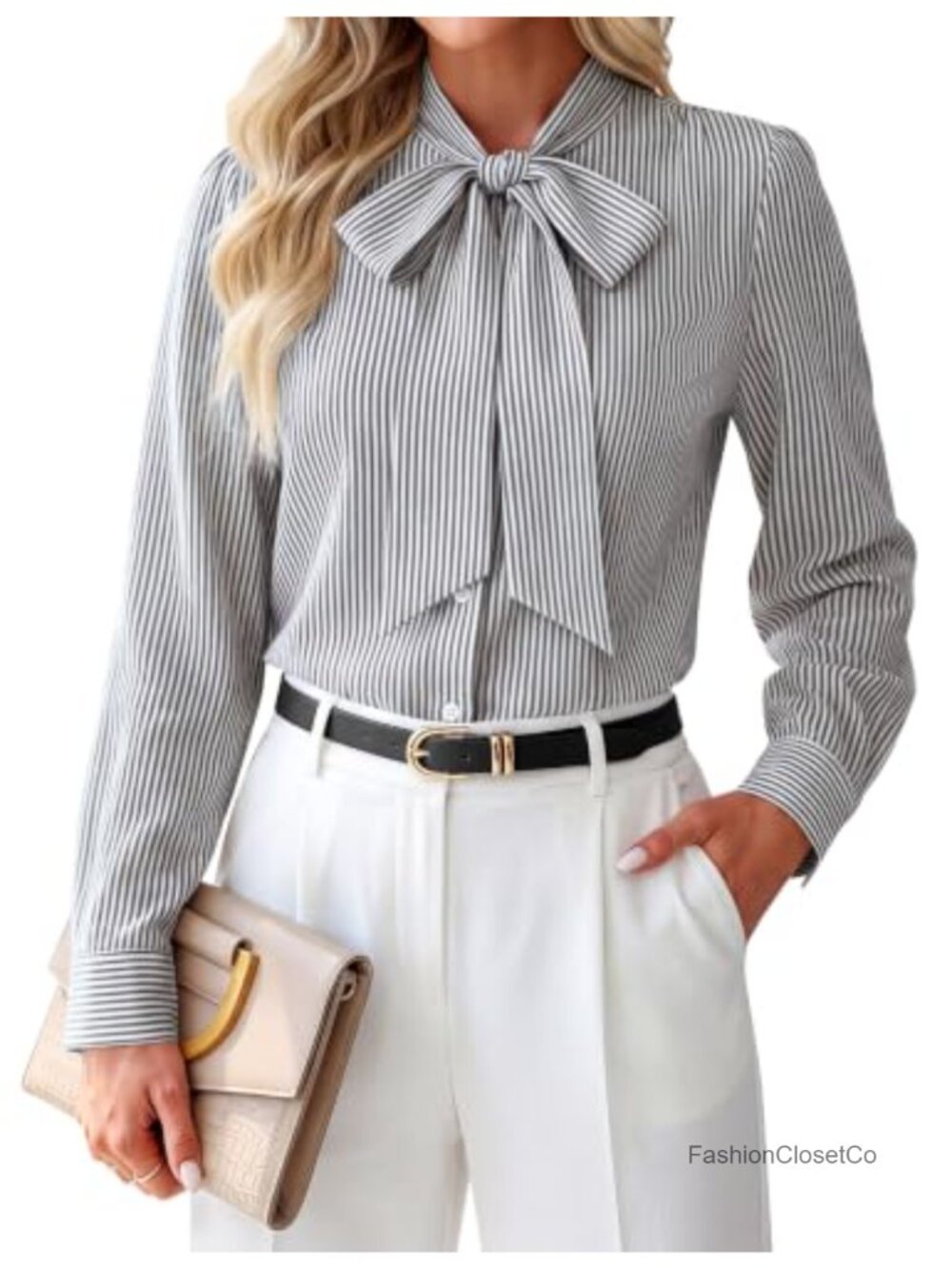 Womens Woven Striped Button Down Blouse Tie Neck Work Top